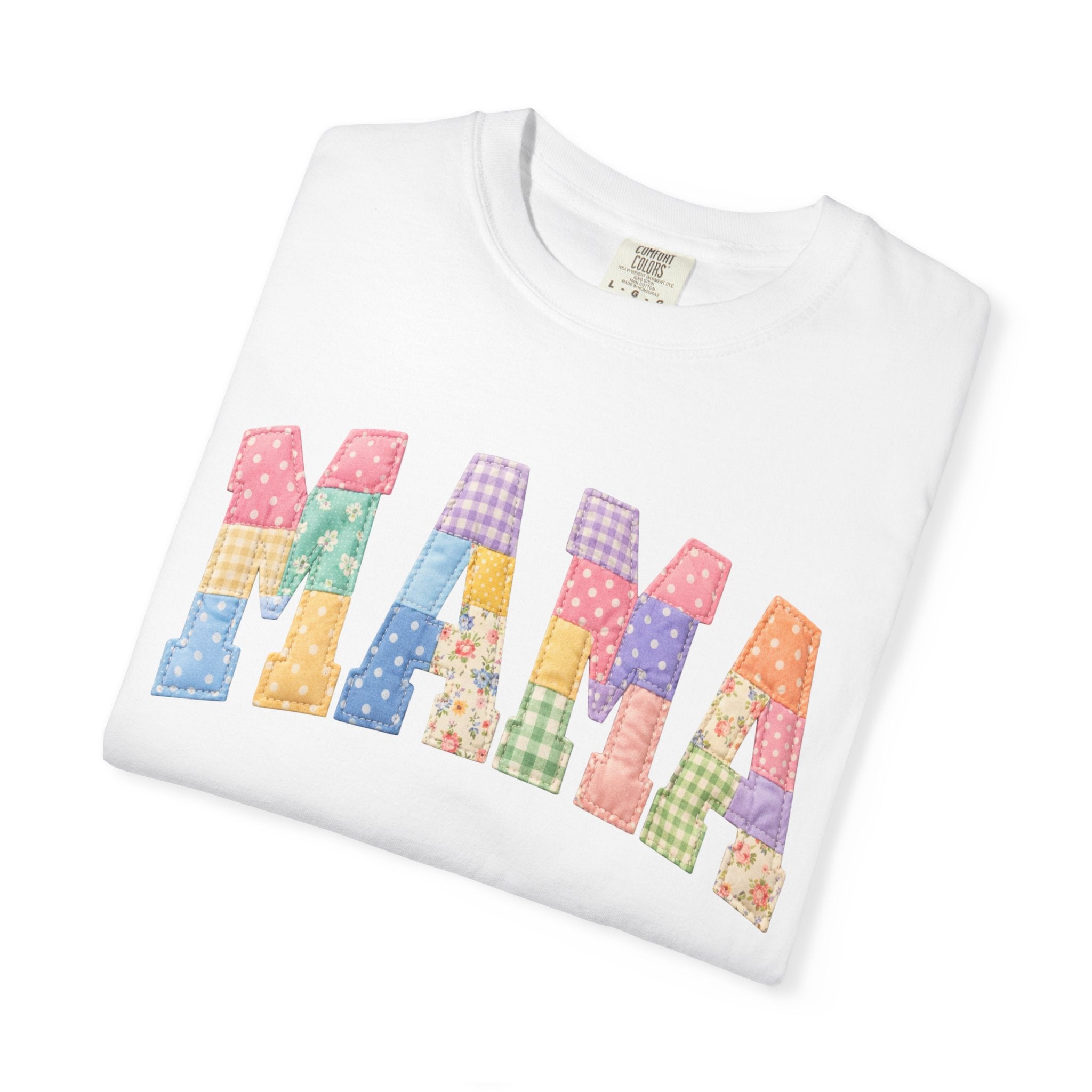 Mama Patchwork T-Shirt — Colorful Quilted Letter Graphic Tee