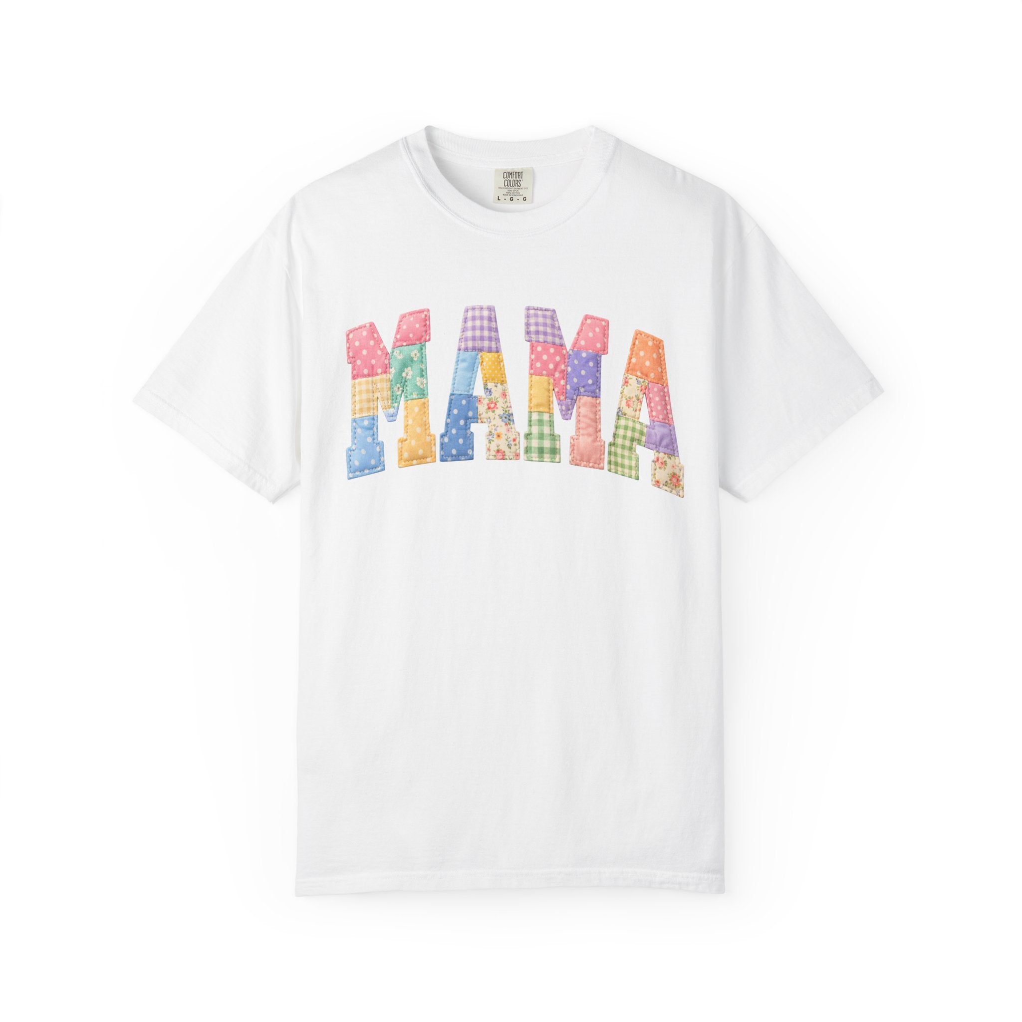 Mama Patchwork T-Shirt — Colorful Quilted Letter Graphic Tee