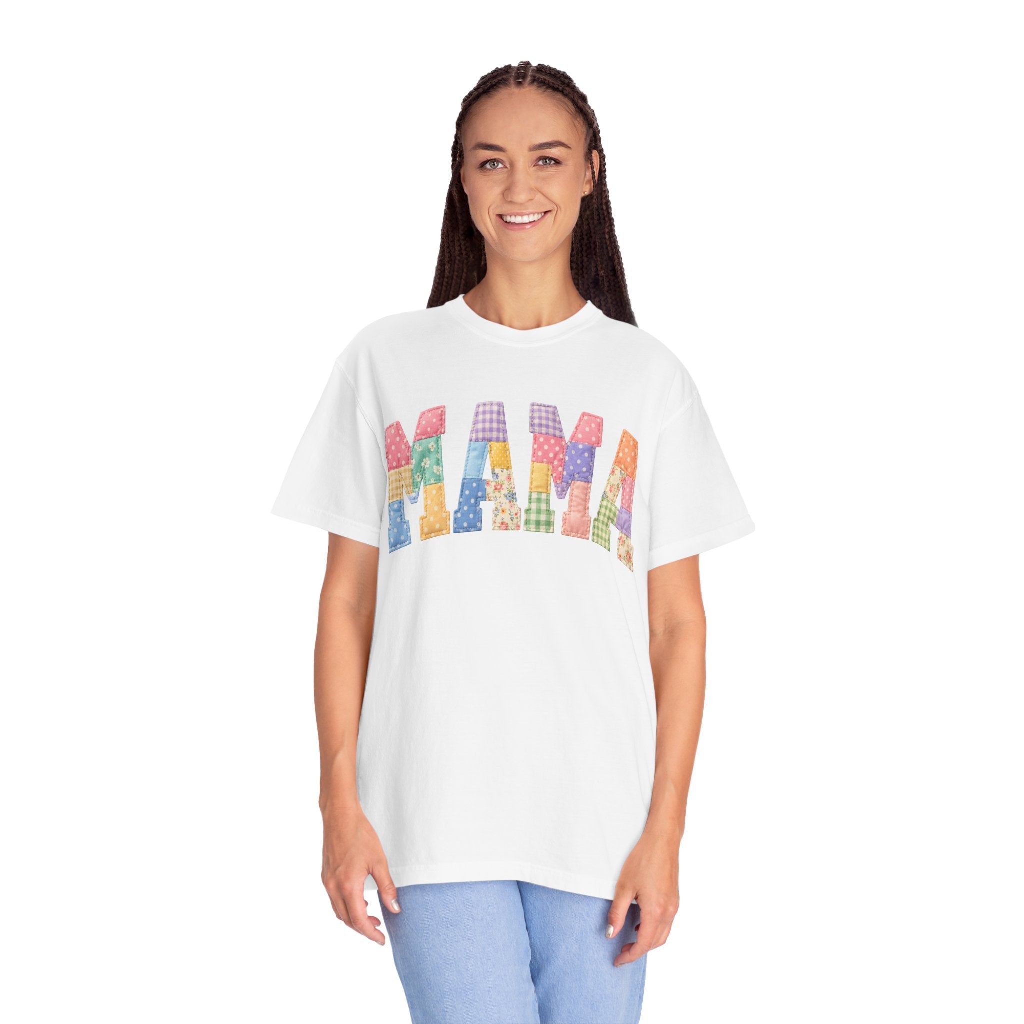 Mama Patchwork T-Shirt — Colorful Quilted Letter Graphic Tee